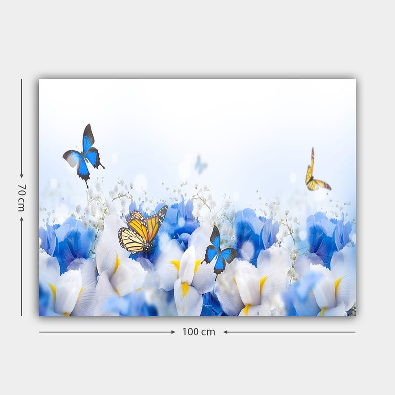 Lerretsbilde 70x100 cm - Fargerik komposisjon av sommerfugler som svever over hvite og blå blomster - Blå / Hvit / Gul - Interiør - Maleri & posters - Lerretsbilder