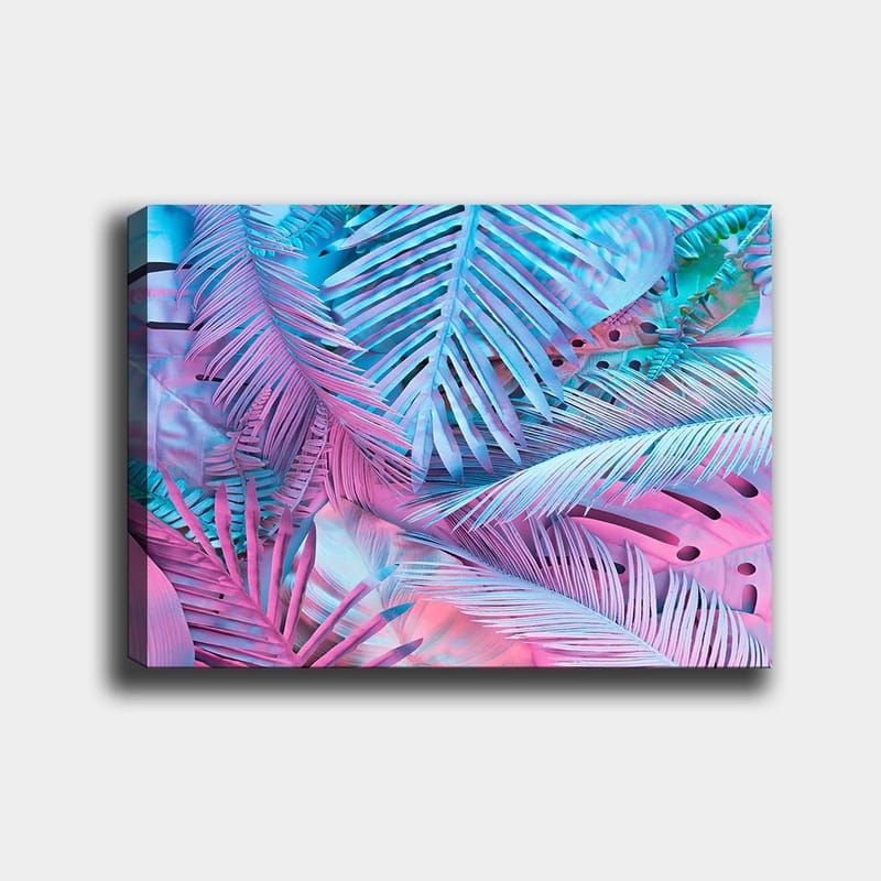 Lerretsbilde 70x100 cm - Fargerik komposisjon av tropiske palmeblader i rosa og blå nyanser, Rosa / Blå / Turkis