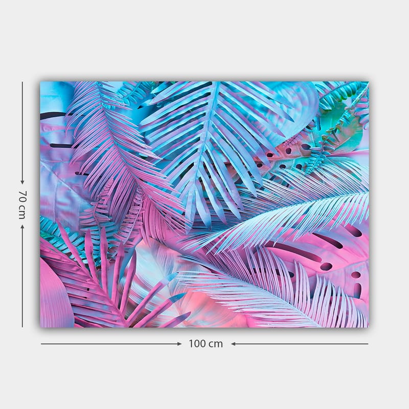 Lerretsbilde 70x100 cm - Fargerik komposisjon av tropiske palmeblader i rosa og blå nyanser - Rosa / Blå / Turkis - Interiør - Maleri & posters - Lerretsbilder