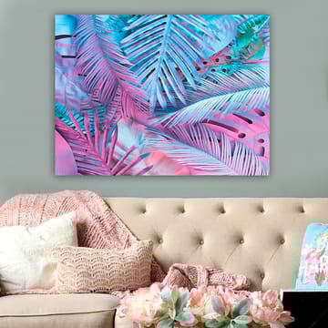 Lerretsbilde 70x100 cm - Fargerik komposisjon av tropiske palmeblader i rosa og blå nyanser - Rosa / Blå / Turkis - Interiør - Maleri & posters - Lerretsbilder