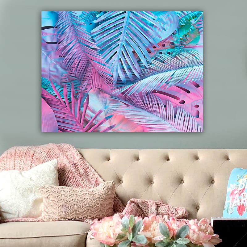 Lerretsbilde 70x100 cm - Fargerik komposisjon av tropiske palmeblader i rosa og blå nyanser - Rosa / Blå / Turkis - Interiør - Maleri & posters - Lerretsbilder
