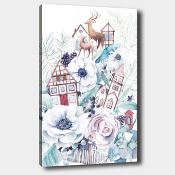 Lerretsbilde 70x100 cm - Fargerik komposisjon med blomster, hus og dyr i et harmonisk landskapsdesign - Hvit / Grønn / Brun - Interiør - Maleri & posters - Lerretsbilder