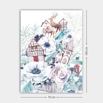 Lerretsbilde 70x100 cm - Fargerik komposisjon med blomster, hus og dyr i et harmonisk landskapsdesign - Hvit / Grønn / Brun - Interiør - Maleri & posters - Lerretsbilder