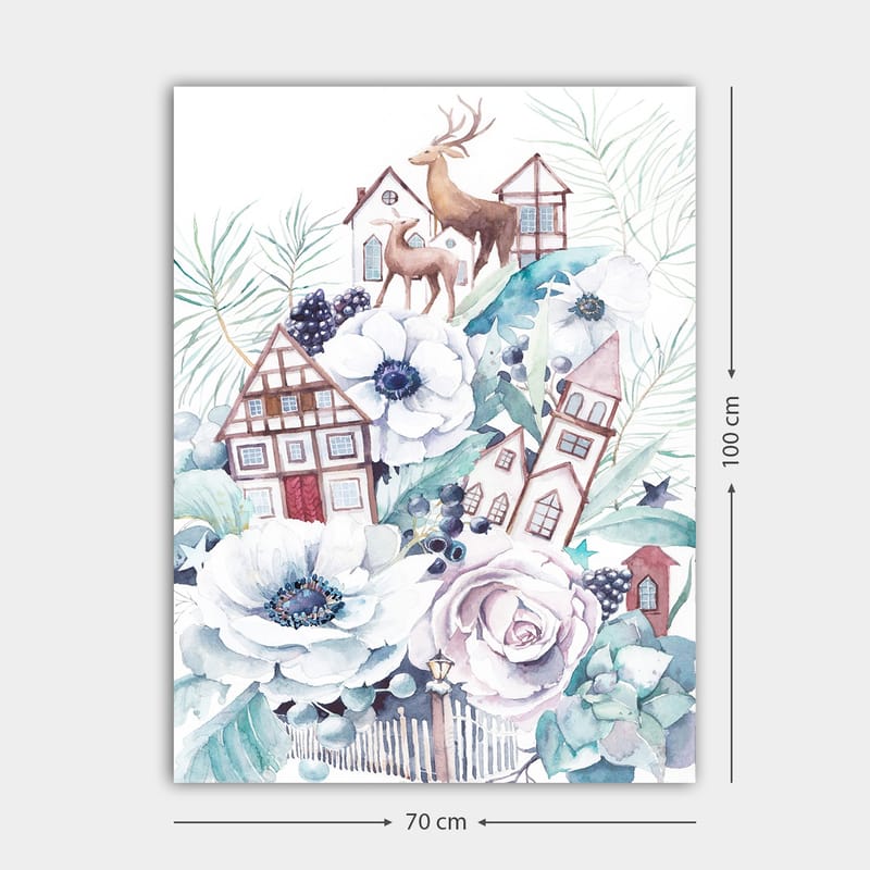 Lerretsbilde 70x100 cm - Fargerik komposisjon med blomster, hus og dyr i et harmonisk landskapsdesign - Hvit / Grønn / Brun - Interiør - Maleri & posters - Lerretsbilder