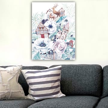 Lerretsbilde 70x100 cm - Fargerik komposisjon med blomster, hus og dyr i et harmonisk landskapsdesign - Hvit / Grønn / Brun - Interiør - Maleri & posters - Lerretsbilder