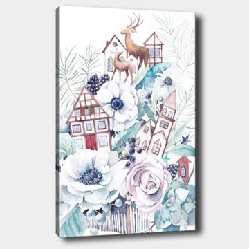 Lerretsbilde 70x100 cm - Fargerik komposisjon med blomster, hus og dyr i et harmonisk landskapsdesign - Hvit / Grønn / Brun - Interiør - Maleri & posters - Lerretsbilder
