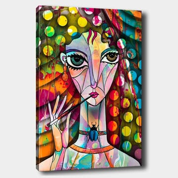 Lerretsbilde 70x100 cm - Fargerik kvinne med store øyne som holder en pensel og har en skulpturell frisyre - Grønn / Rosa / Blå - Interiør - Maleri & posters - Lerretsbilder