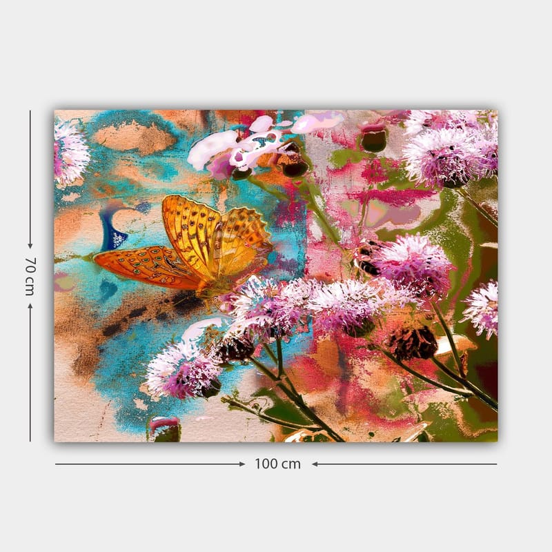 Lerretsbilde 70x100 cm - Fargerik maleri med en sommerfugl som sitter på blomster i et levende naturmiljø - Oransje / Rosa / Grønn - Interiør - Maleri & posters - Lerretsbilder