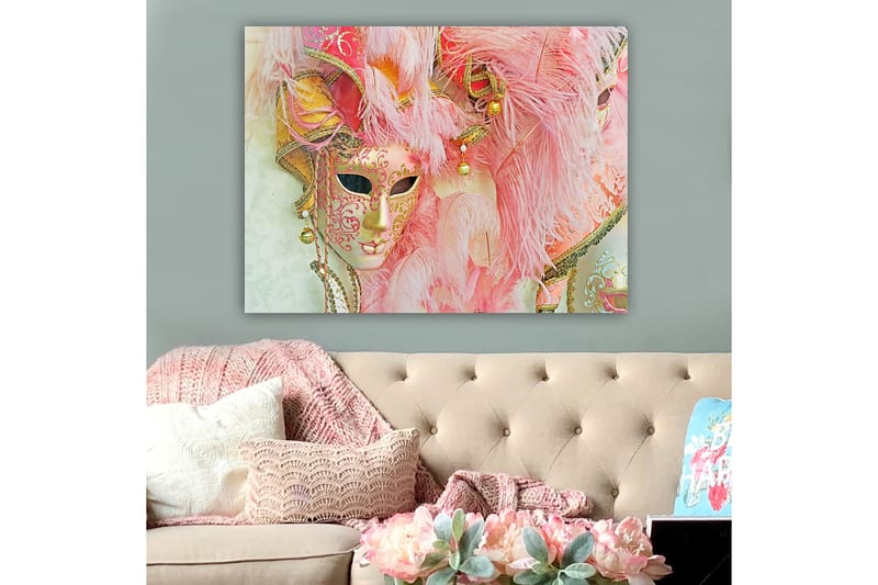 Lerretsbilde 70x100 cm - Fargerik maskerademaske utsmykket med fjær og ornamenter, som fanger den festlige atmosfæren på et maskeradeball, Rosa / Gull / Hvit