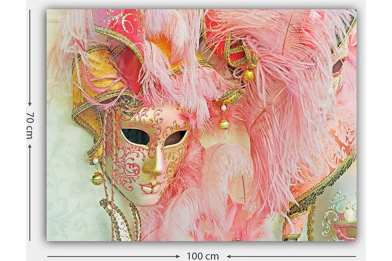 Lerretsbilde 70x100 cm - Fargerik maskerademaske utsmykket med fjær og ornamenter, som fanger den festlige atmosfæren på et maskeradeball - Rosa / Gull / Hvit - Interiør - Maleri & posters - Lerretsbilder