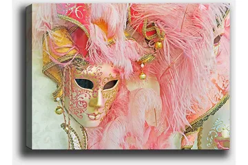 Lerretsbilde 70x100 cm - Fargerik maskerademaske utsmykket med fjær og ornamenter, som fanger den festlige atmosfæren på et maskeradeball - Rosa / Gull / Hvit - Interiør - Maleri & posters - Lerretsbilder