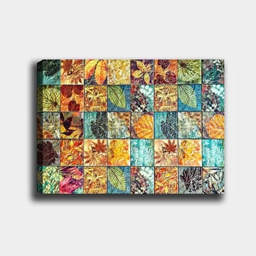 Lerretsbilde 70x100 cm - Fargerik mosaikk av forskjellige blader i varierende nyanser og mønstre - Grønn / Oransje / Gul - Interiør - Maleri & posters - Lerretsbilder