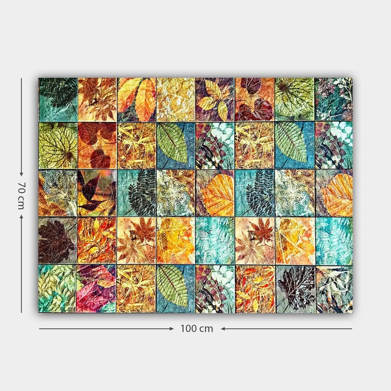 Lerretsbilde 70x100 cm - Fargerik mosaikk av forskjellige blader i varierende nyanser og mønstre - Grønn / Oransje / Gul - Interiør - Maleri & posters - Lerretsbilder
