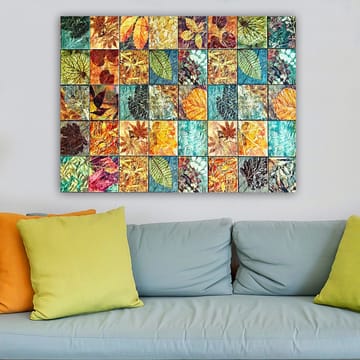 Lerretsbilde 70x100 cm - Fargerik mosaikk av forskjellige blader i varierende nyanser og mønstre - Grønn / Oransje / Gul - Interiør - Maleri & posters - Lerretsbilder