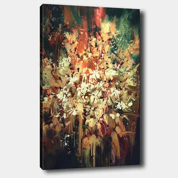 Lerretsbilde 70x100 cm - Fargerik og abstrakt blomsterkomposisjon som fanger naturens skjønnhet - Grønn / Oransje / Hvit - Interiør - Maleri & posters - Lerretsbilder