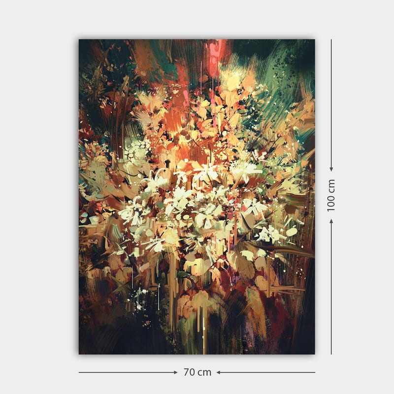 Lerretsbilde 70x100 cm - Fargerik og abstrakt blomsterkomposisjon som fanger naturens skjønnhet - Grønn / Oransje / Hvit - Interiør - Maleri & posters - Lerretsbilder