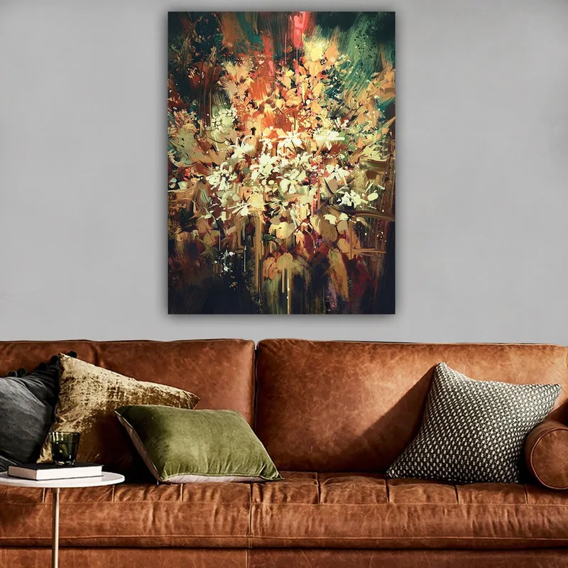 Lerretsbilde 70x100 cm - Fargerik og abstrakt blomsterkomposisjon som fanger naturens skjønnhet - Grønn / Oransje / Hvit - Interiør - Maleri & posters - Lerretsbilder