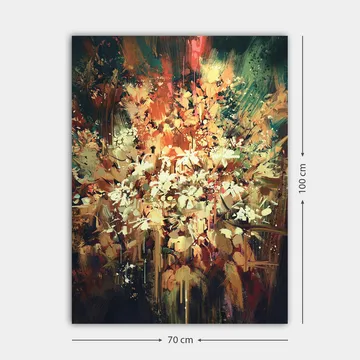 Lerretsbilde 70x100 cm - Fargerik og abstrakt blomsterkomposisjon som fanger naturens skjønnhet - Grønn / Oransje / Hvit - Interiør - Maleri & posters - Lerretsbilder