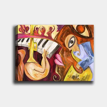 Lerretsbilde 70x100 cm - Fargerik og abstrakt komposisjon med musikalske elementer og ansiktsmotiver - Rød / Gul / Blå - Interiør - Maleri & posters - Lerretsbilder