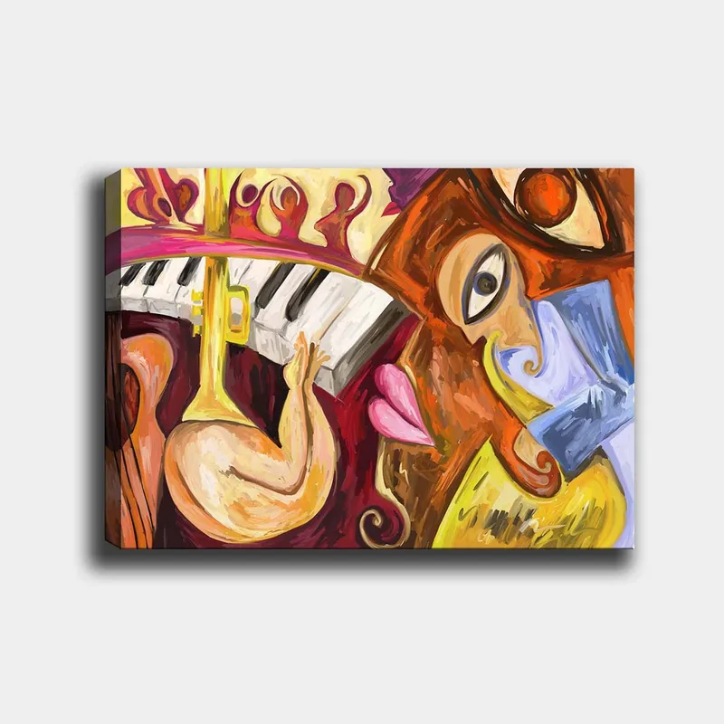 Lerretsbilde 70x100 cm - Fargerik og abstrakt komposisjon med musikalske elementer og ansiktsmotiver - Rød / Gul / Blå - Interiør - Maleri & posters - Lerretsbilder