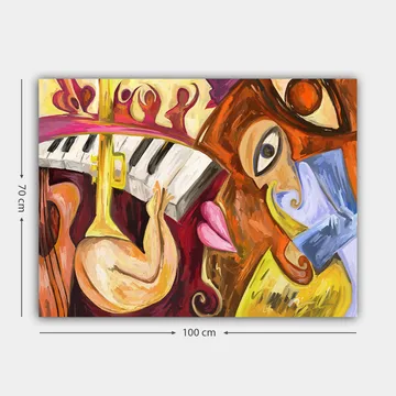 Lerretsbilde 70x100 cm - Fargerik og abstrakt komposisjon med musikalske elementer og ansiktsmotiver - Rød / Gul / Blå - Interiør - Maleri & posters - Lerretsbilder