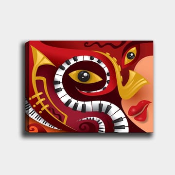 Lerretsbilde 70x100 cm - Fargerik og abstrakt komposisjon som kombinerer musikalske elementer med ansiktstrekk - Rød / Svart / Gul - Interiør - Maleri & posters - Lerretsbilder