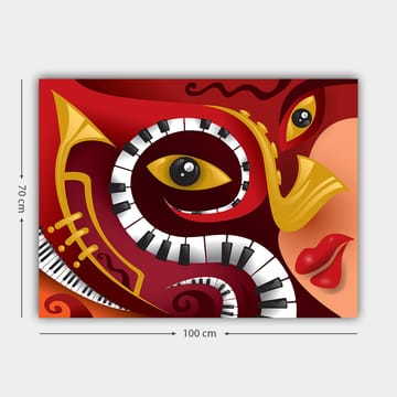 Lerretsbilde 70x100 cm - Fargerik og abstrakt komposisjon som kombinerer musikalske elementer med ansiktstrekk - Rød / Svart / Gul - Interiør - Maleri & posters - Lerretsbilder