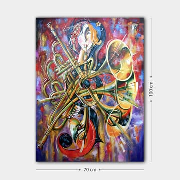 Lerretsbilde 70x100 cm - Fargerik og abstrakt skildring av en musiker omgitt av forskjellige blåseinstrumenter - Gull / Rød / Blå - Interiør - Maleri & posters - Lerretsbilder