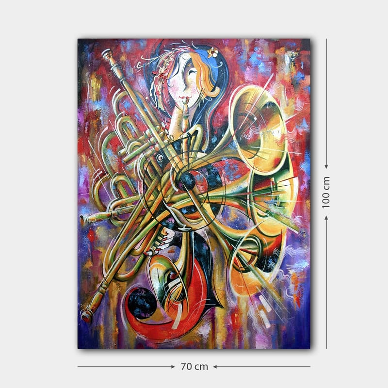 Lerretsbilde 70x100 cm - Fargerik og abstrakt skildring av en musiker omgitt av forskjellige blåseinstrumenter - Gull / Rød / Blå - Interiør - Maleri & posters - Lerretsbilder