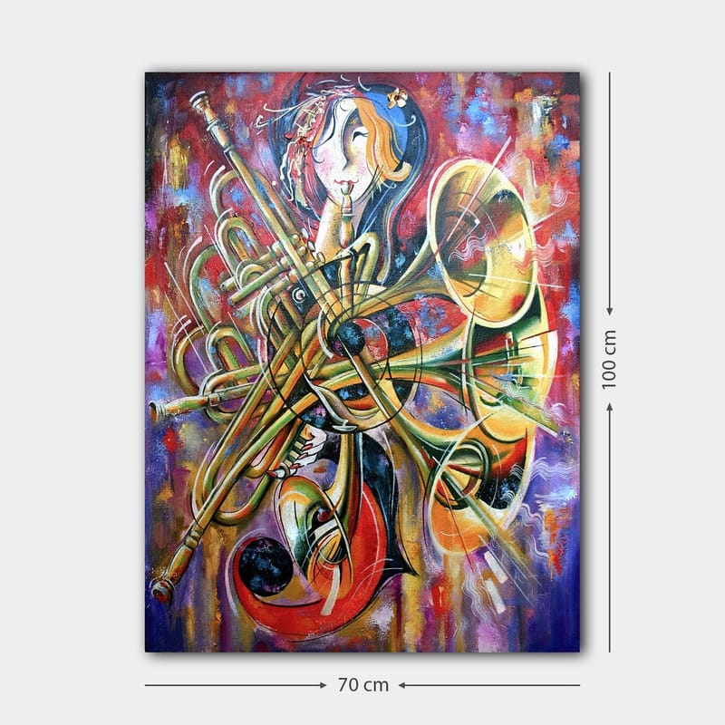 Lerretsbilde 70x100 cm - Fargerik og abstrakt skildring av en musiker omgitt av forskjellige blåseinstrumenter - Gull / Rød / Blå - Interiør - Maleri & posters - Lerretsbilder