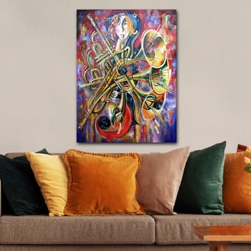 Lerretsbilde 70x100 cm - Fargerik og abstrakt skildring av en musiker omgitt av forskjellige blåseinstrumenter - Gull / Rød / Blå - Interiør - Maleri & posters - Lerretsbilder