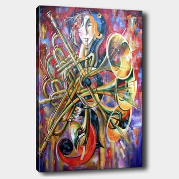 Lerretsbilde 70x100 cm - Fargerik og abstrakt skildring av en musiker omgitt av forskjellige blåseinstrumenter - Gull / Rød / Blå - Interiør - Maleri & posters - Lerretsbilder