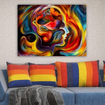 Lerretsbilde 70x100 cm - Fargerik og abstrakt skildring av en persons profil med elementer av en sommerfugl som symboliserer transformasjon og frihet - Rød / Oransje / Blå - Interiør - Maleri & posters - Lerretsbilder