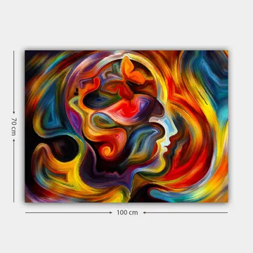 Lerretsbilde 70x100 cm - Fargerik og abstrakt skildring av en persons profil med elementer av en sommerfugl som symboliserer transformasjon og frihet - Rød / Oransje / Blå - Interiør - Maleri & posters - Lerretsbilder