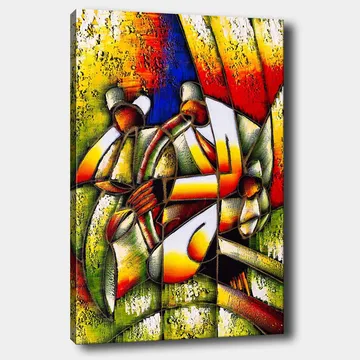 Lerretsbilde 70x100 cm - Fargerik og abstrakt skildring av mennesker som samhandler med hverandre - Grønn / Gul / Rød - Interiør - Maleri & posters - Lerretsbilder