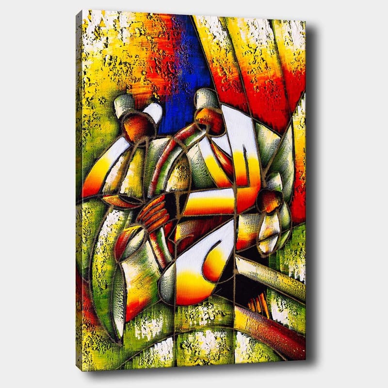 Lerretsbilde 70x100 cm - Fargerik og abstrakt skildring av mennesker som samhandler med hverandre, Grønn / Gul / Rød