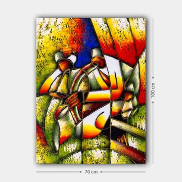 Lerretsbilde 70x100 cm - Fargerik og abstrakt skildring av mennesker som samhandler med hverandre - Grønn / Gul / Rød - Interiør - Maleri & posters - Lerretsbilder