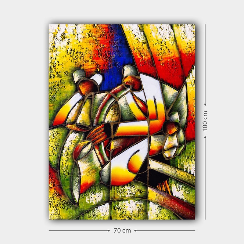 Lerretsbilde 70x100 cm - Fargerik og abstrakt skildring av mennesker som samhandler med hverandre - Grønn / Gul / Rød - Interiør - Maleri & posters - Lerretsbilder