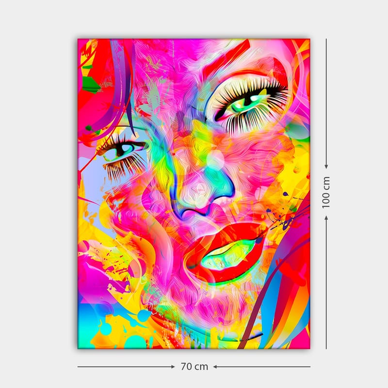 Lerretsbilde 70x100 cm - Fargerik og abstrakt portrett av en kvinne med uttrykksfulle øyne og lepper - Rosa / Gul / Grønn - Interiør - Maleri & posters - Lerretsbilder