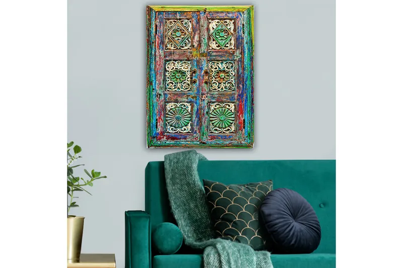 Lerretsbilde 70x100 cm - Fargerik og detaljert dør med intrikate utskjæringer og mønstre - Grønn / Blå / Rød - Interiør - Maleri & posters - Lerretsbilder