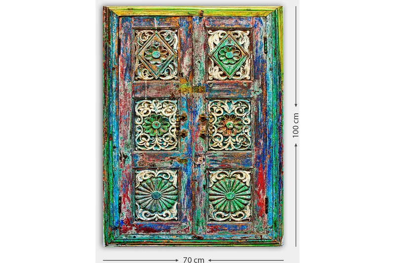 Lerretsbilde 70x100 cm - Fargerik og detaljert dør med intrikate utskjæringer og mønstre - Grønn / Blå / Rød - Interiør - Maleri & posters - Lerretsbilder