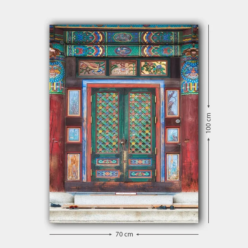 Lerretsbilde 70x100 cm - Fargerik og detaljert dør med tradisjonelle mønstre og dekorasjoner - Grønn / Rød / Blå - Interiør - Maleri & posters - Lerretsbilder