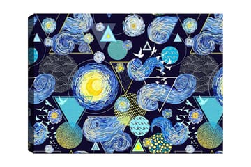 Lerretsbilde 70x100 cm - Fargerik og dynamisk tolkning av nattehimmelen med roterende galakser og geometriske former - Blå / Gul / Hvit - Interiør - Maleri & posters - Lerretsbilder