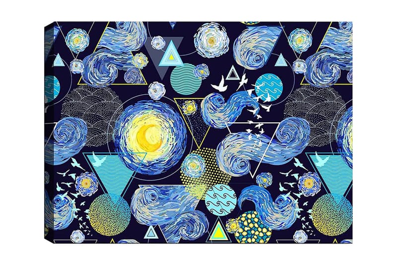 Lerretsbilde 70x100 cm - Fargerik og dynamisk tolkning av nattehimmelen med roterende galakser og geometriske former, Blå / Gul / Hvit