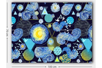 Lerretsbilde 70x100 cm - Fargerik og dynamisk tolkning av nattehimmelen med roterende galakser og geometriske former - Blå / Gul / Hvit - Interiør - Maleri & posters - Lerretsbilder