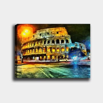 Lerretsbilde 70x100 cm - Fargerik og impresjonistisk skildring av Colosseum i Roma, opplyst av gult og oransje lys - Gul / Blå / Oransje - Interiør - Maleri & posters - Lerretsbilder