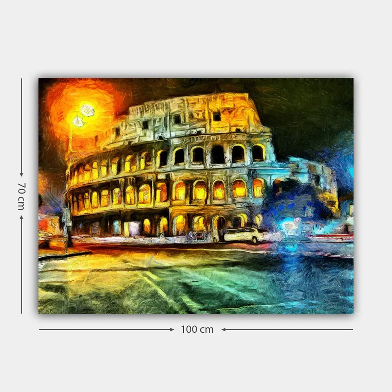 Lerretsbilde 70x100 cm - Fargerik og impresjonistisk skildring av Colosseum i Roma, opplyst av gult og oransje lys - Gul / Blå / Oransje - Interiør - Maleri & posters - Lerretsbilder