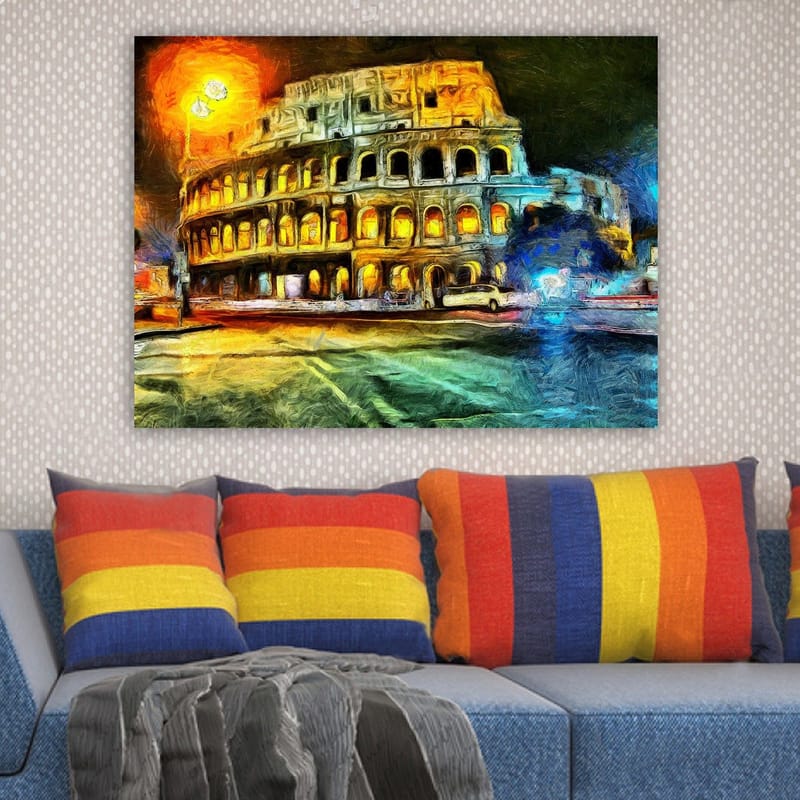 Lerretsbilde 70x100 cm - Fargerik og impresjonistisk skildring av Colosseum i Roma, opplyst av gult og oransje lys - Gul / Blå / Oransje - Interiør - Maleri & posters - Lerretsbilder
