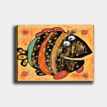 Lerretsbilde 70x100 cm - Fargerik og leken fisk med mønstre og store øyne - Svart / Oransje / Blå - Interiør - Maleri & posters - Lerretsbilder