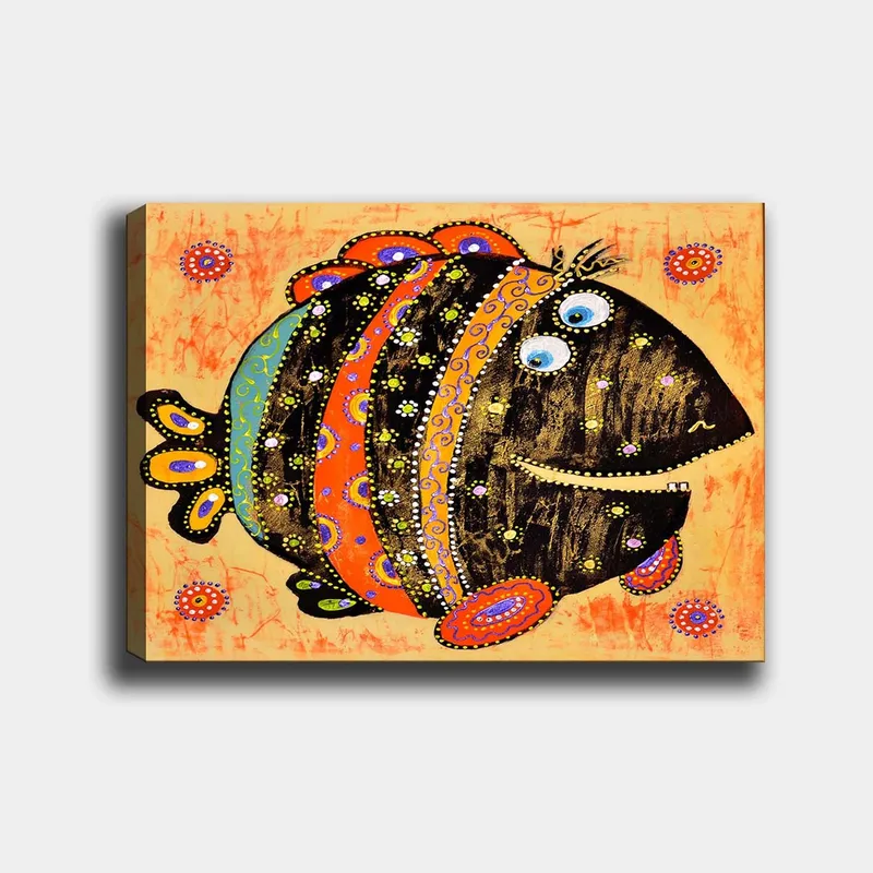 Lerretsbilde 70x100 cm - Fargerik og leken fisk med mønstre og store øyne, Svart / Oransje / Blå